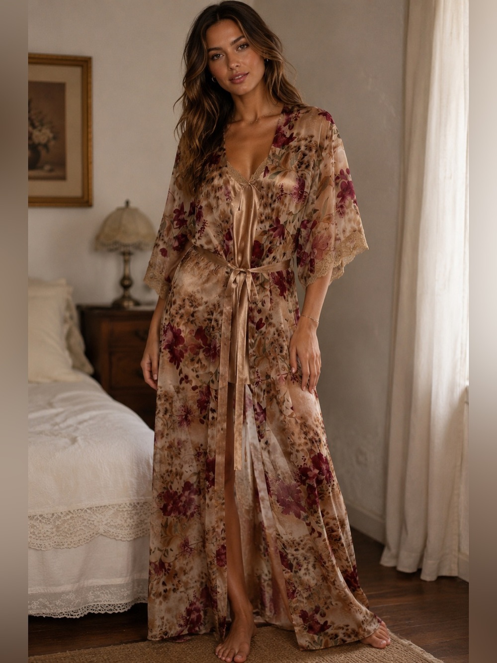 Cinema Etoile Vintage Satin Nightgown & Sheer Robe